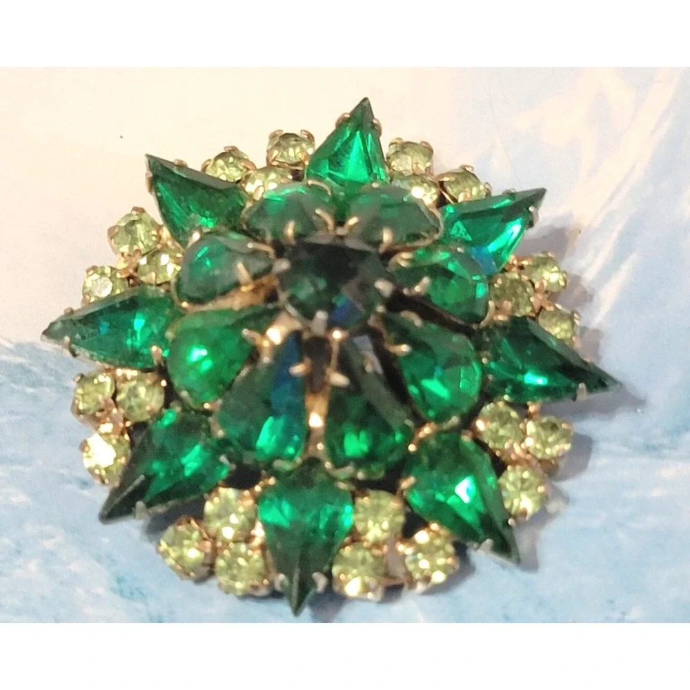 Vintage Large Green Rhinestone Brooch Pin, Mid-Century Layered Sparkly Glass